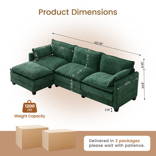 102.3" Cloud Couch Sectional, L Shaped Modular Sectional Sofa, 4-Seat Deep Seat Chenille Couch for Living Room, Bedroom, Apartment, Green