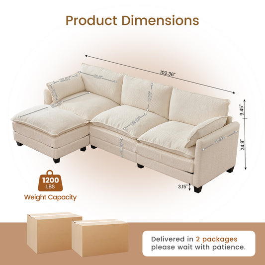 102.3" Cloud Couch Sectional, L Shaped Modular Sectional Sofa, 4-Seat Deep Seat Chenille Couch for Living Room, Bedroom, Apartment, off white