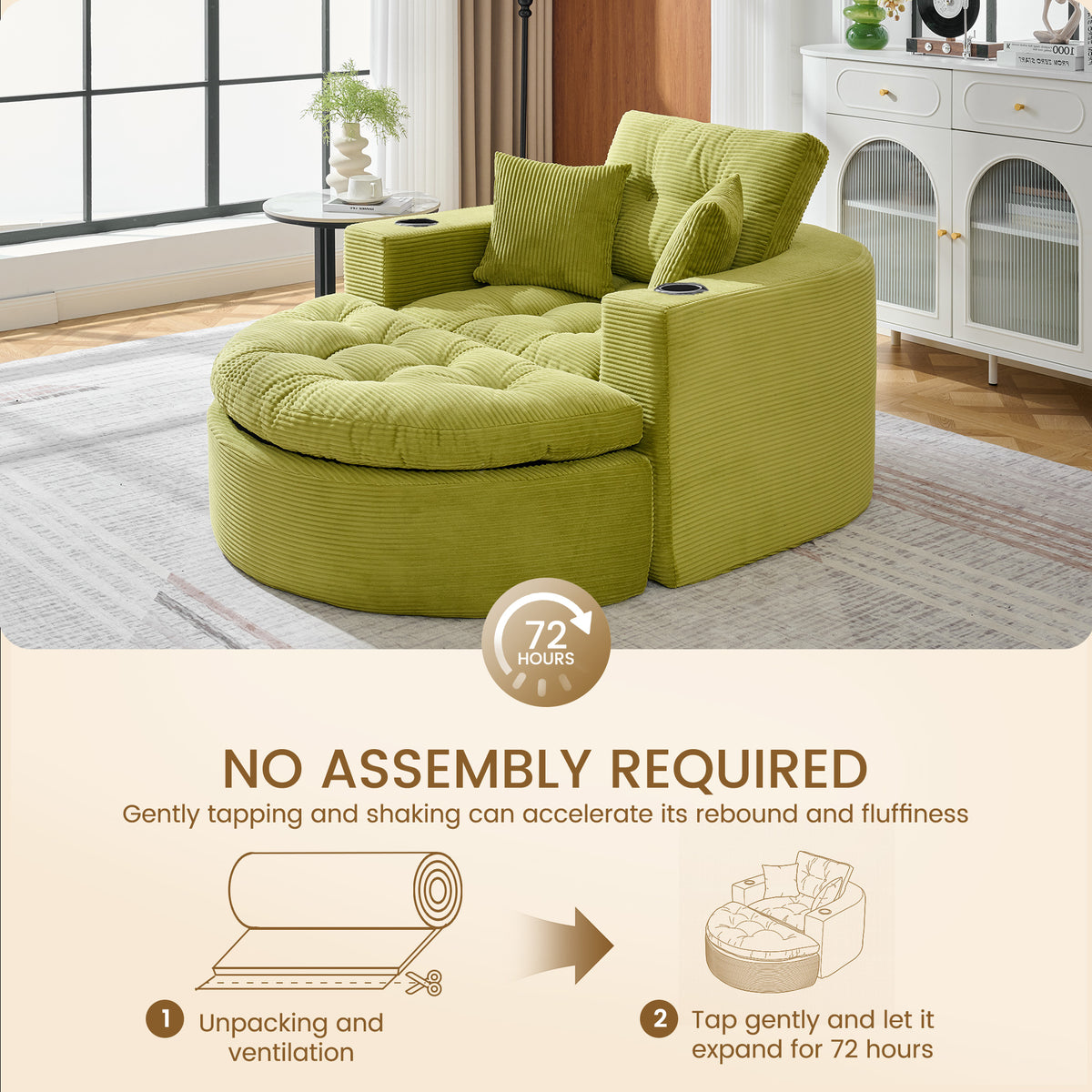 Oversized Sage Green Round Chaise Lounge Sofa, Upholstered Lounge Chair with 3 Pillows