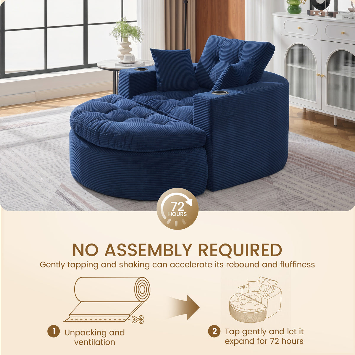 Oversized Navy Round Chaise Lounge Sofa, Upholstered Lounge Chair with 3 Pillows