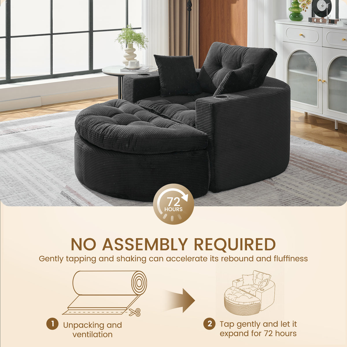Oversized Black Round Chaise Lounge Sofa, Upholstered Lounge Chair with 3 Pillows