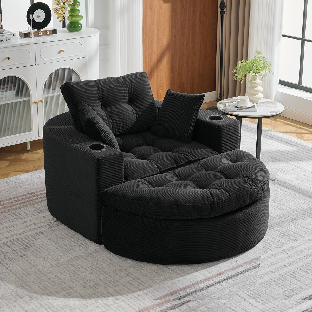 Oversized Black Round Chaise Lounge Sofa, Upholstered Lounge Chair with 3 Pillows, Boneless Sofa Couch with Ottoman, Deep Seat Chair for Living Room, Bedroom, No Assembly