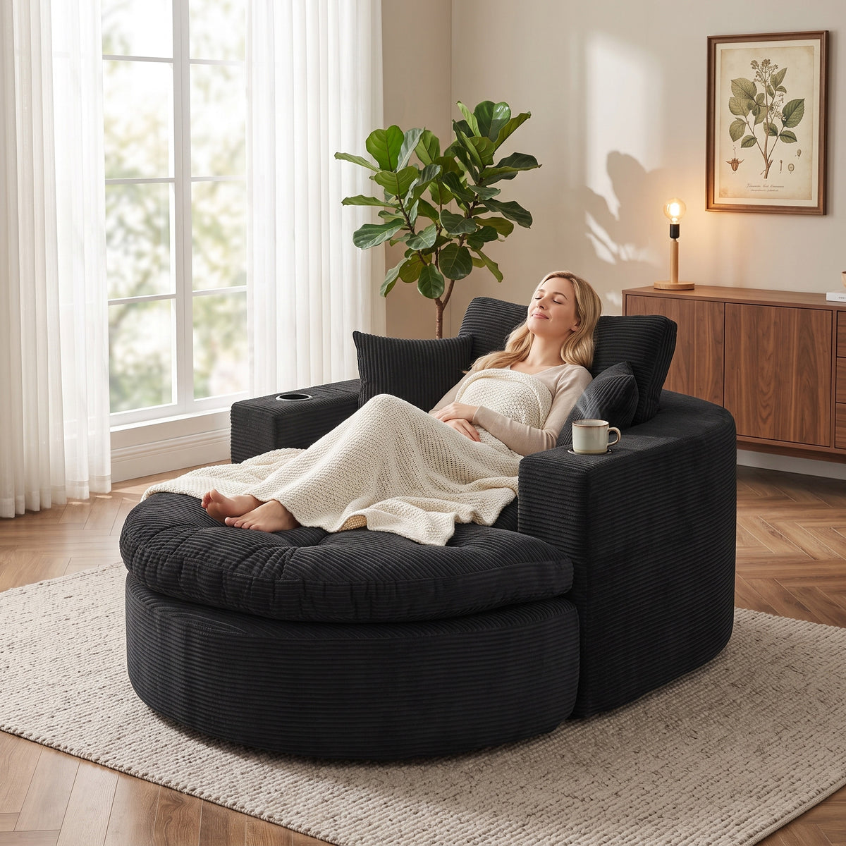 Oversized Black Round Chaise Lounge Sofa, Upholstered Lounge Chair with 3 Pillows, Boneless Sofa Couch with Ottoman, Deep Seat Chair for Living Room, Bedroom, No Assembly