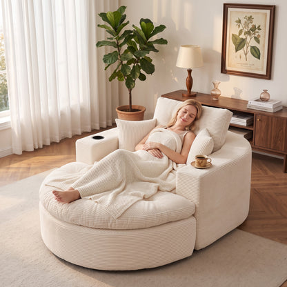 Oversized Off White Round Chaise Lounge Sofa, Upholstered Lounge Chair with 3 Pillows
