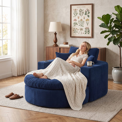 Oversized Navy Round Chaise Lounge Sofa, Upholstered Lounge Chair with 3 Pillows