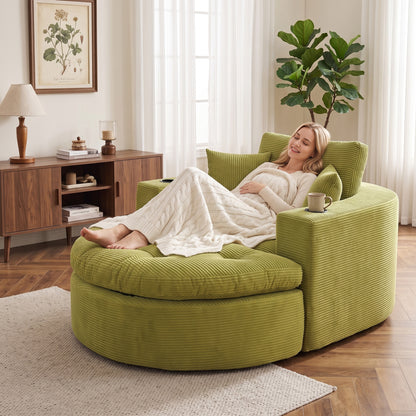 Oversized Sage Green Round Chaise Lounge Sofa, Upholstered Lounge Chair with 3 Pillows