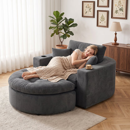 Oversized Dark Gray Round Chaise Lounge Sofa, Upholstered Lounge Chair with 3 Pillows
