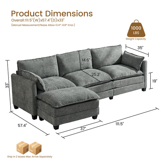 102.3" Cloud Couch Sectional, L Shaped Modular Sectional Sofa, 4-Seat Deep Seat Chenille Couch for Living Room, Bedroom, Apartment, Light Gray