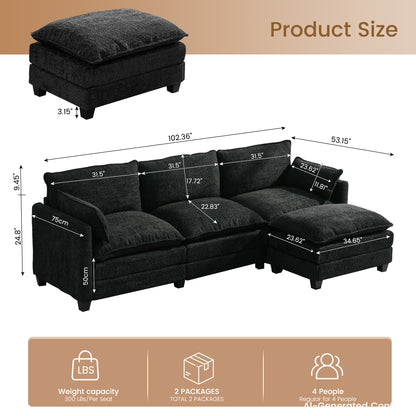 102.3" Cloud Couch Sectional, L Shaped Modular Sectional Sofa, 4-Seat Deep Seat Chenille Couch for Living Room, Bedroom, Apartment, Black