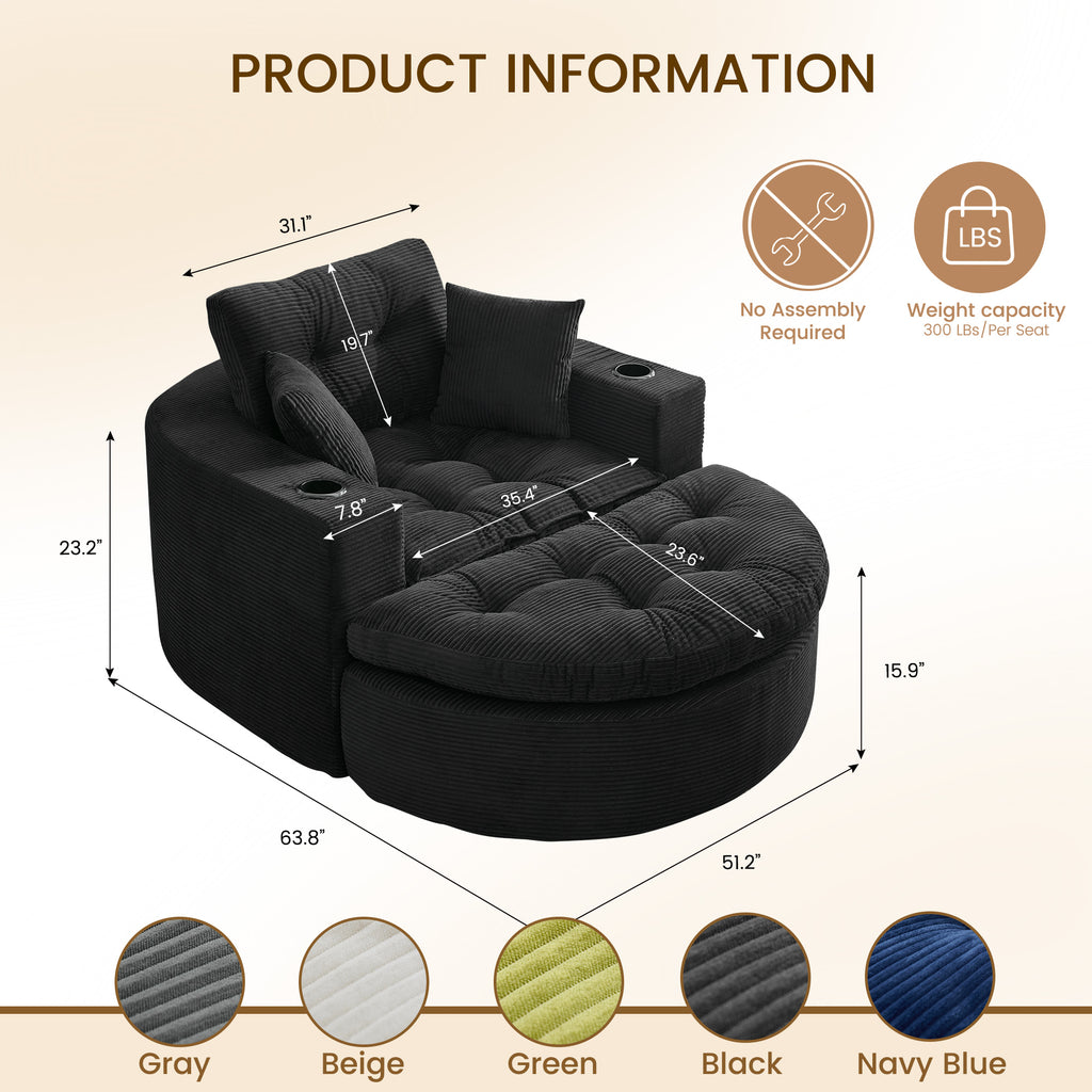 Oversized Black Round Chaise Lounge Sofa, Upholstered Lounge Chair with 3 Pillows, Boneless Sofa Couch with Ottoman, Deep Seat Chair for Living Room, Bedroom, No Assembly