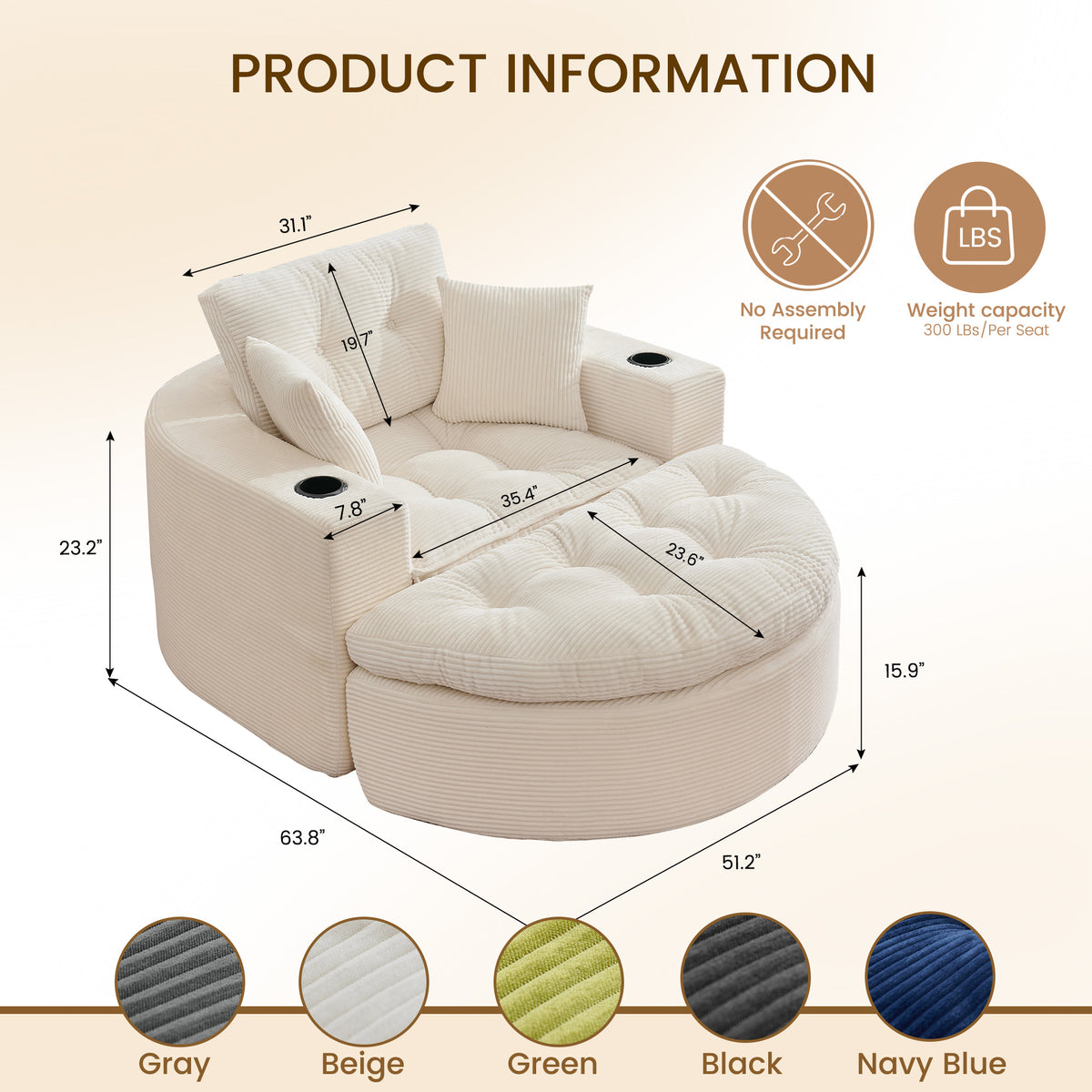 Oversized Off White Round Chaise Lounge Sofa, Upholstered Lounge Chair with 3 Pillows