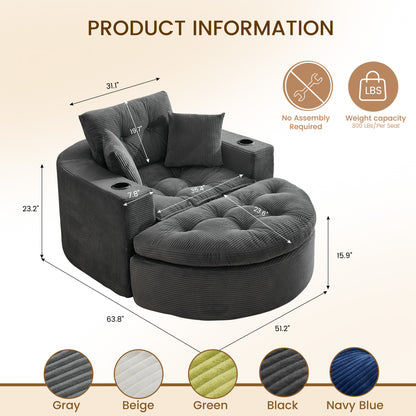 Oversized Dark Gray Round Chaise Lounge Sofa, Upholstered Lounge Chair with 3 Pillows