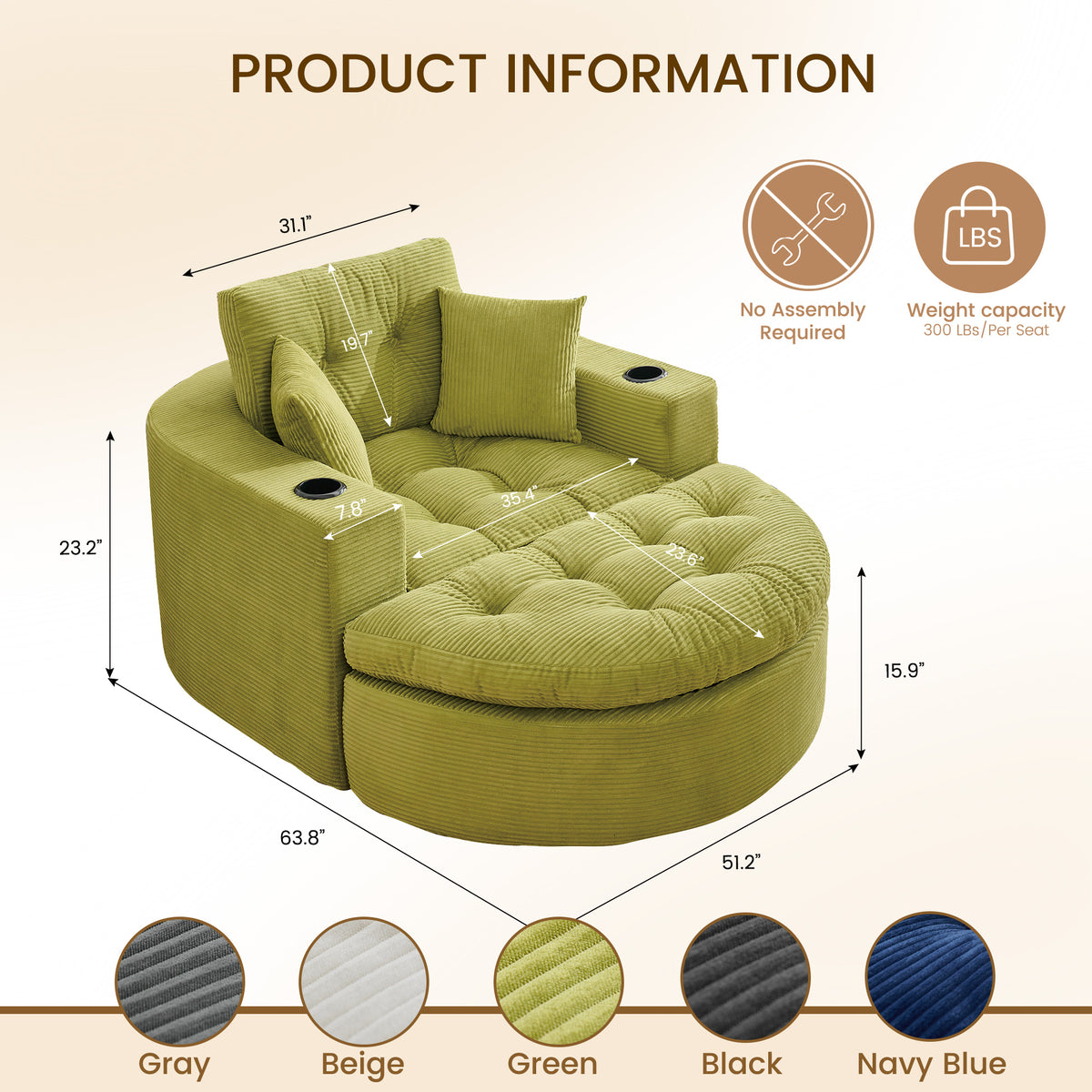 Oversized Sage Green Round Chaise Lounge Sofa, Upholstered Lounge Chair with 3 Pillows