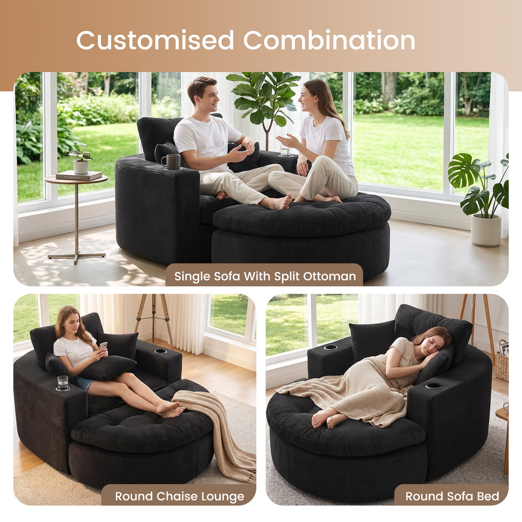 Oversized Black Round Chaise Lounge Sofa, Upholstered Lounge Chair with 3 Pillows, Boneless Sofa Couch with Ottoman, Deep Seat Chair for Living Room, Bedroom, No Assembly