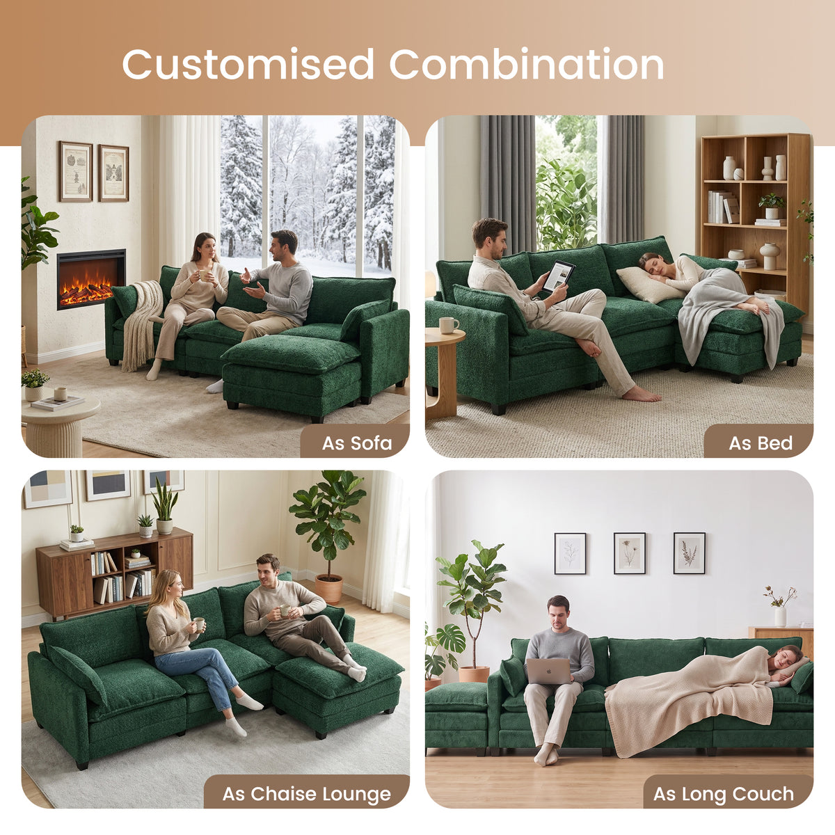 102.3" Cloud Couch Sectional, L Shaped Modular Sectional Sofa, 4-Seat Deep Seat Chenille Couch for Living Room, Bedroom, Apartment, Green