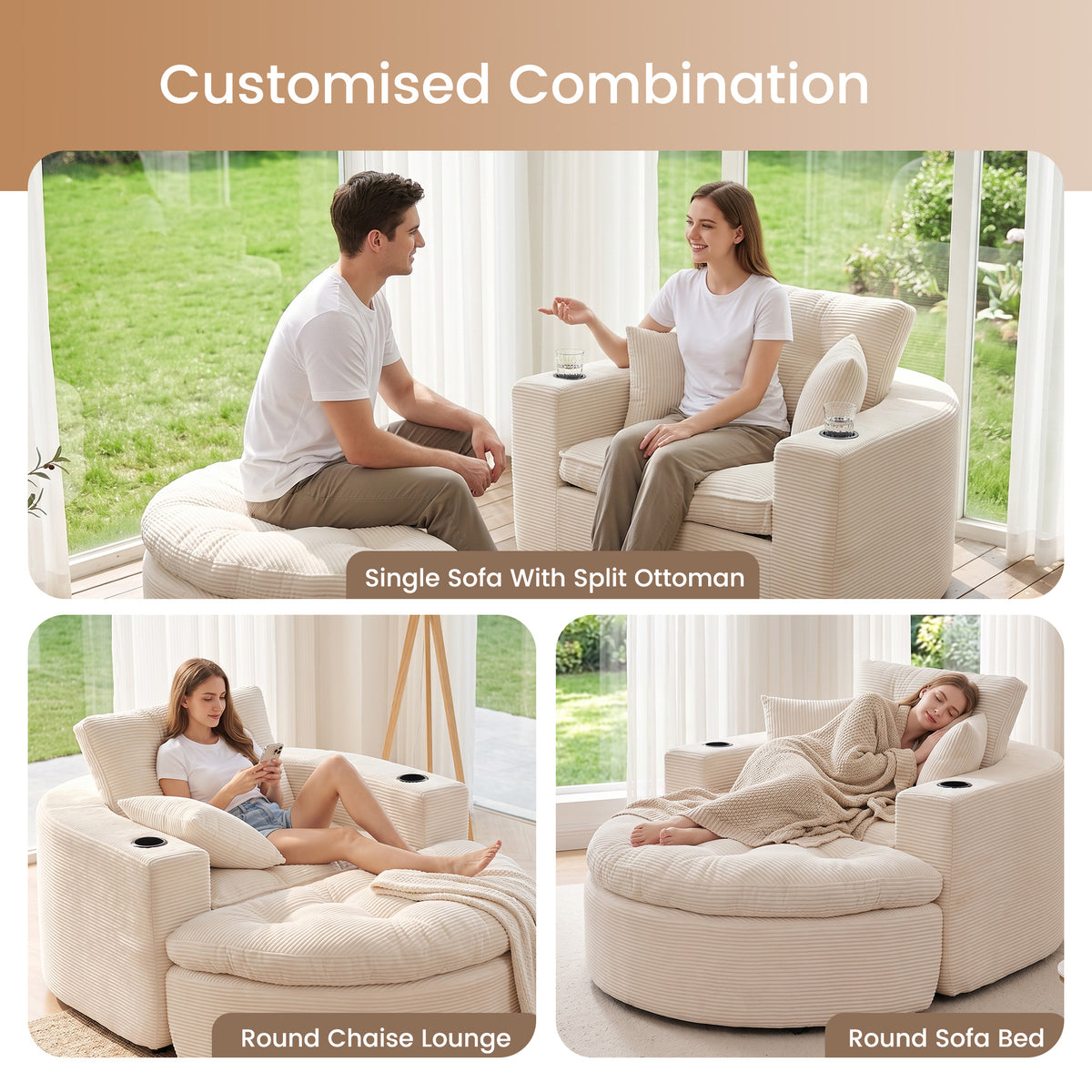 Oversized Off White Round Chaise Lounge Sofa, Upholstered Lounge Chair with 3 Pillows