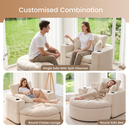 Oversized Off White Round Chaise Lounge Sofa, Upholstered Lounge Chair with 3 Pillows