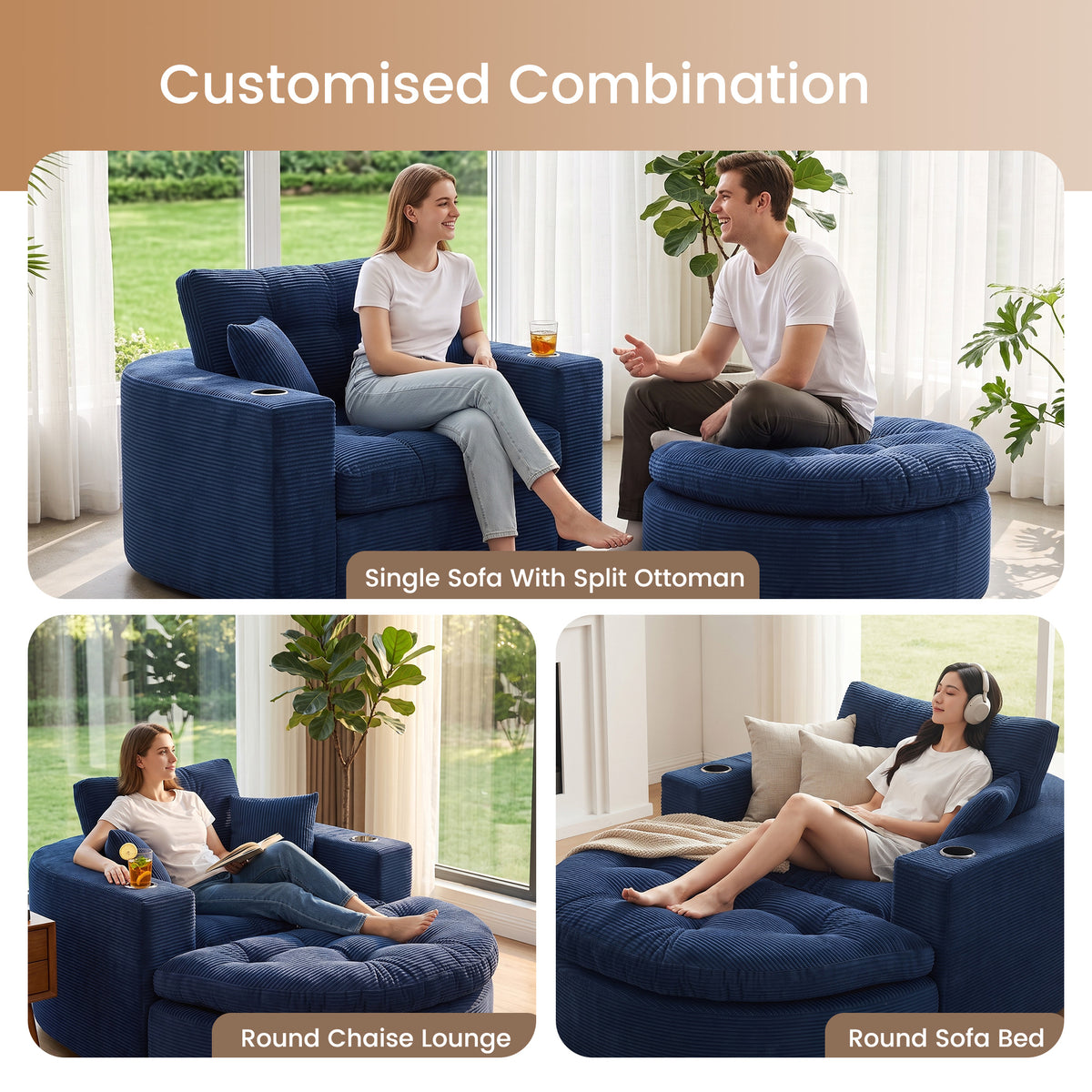 Oversized Navy Round Chaise Lounge Sofa, Upholstered Lounge Chair with 3 Pillows