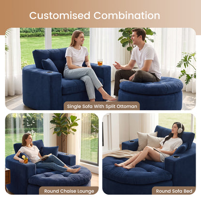 Oversized Navy Round Chaise Lounge Sofa, Upholstered Lounge Chair with 3 Pillows