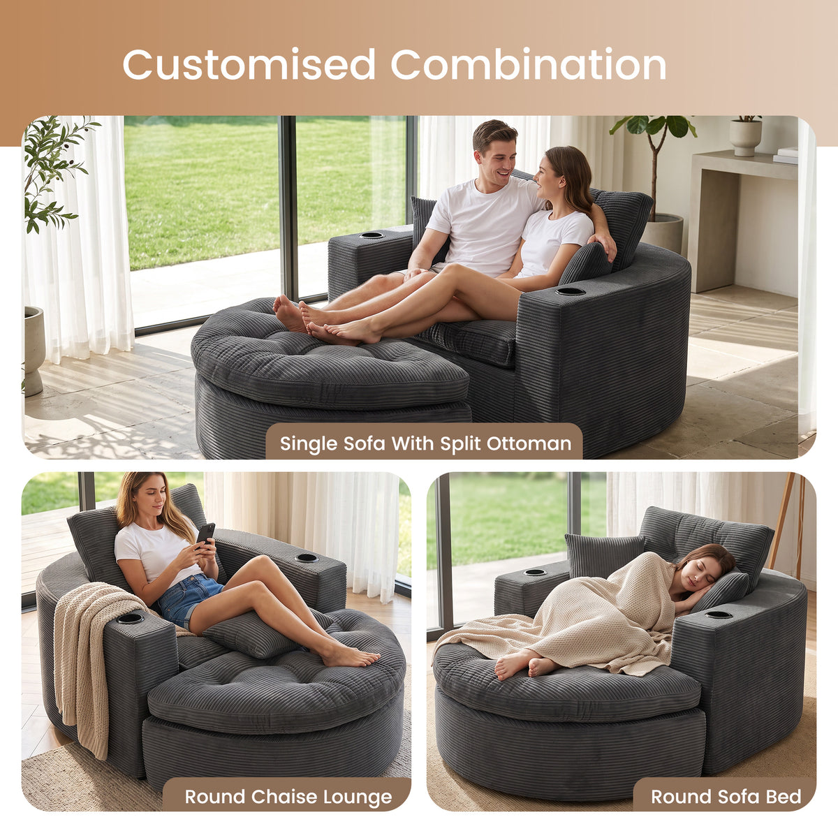Oversized Dark Gray Round Chaise Lounge Sofa, Upholstered Lounge Chair with 3 Pillows