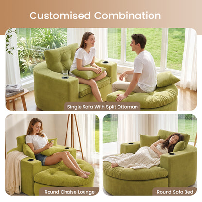 Oversized Sage Green Round Chaise Lounge Sofa, Upholstered Lounge Chair with 3 Pillows