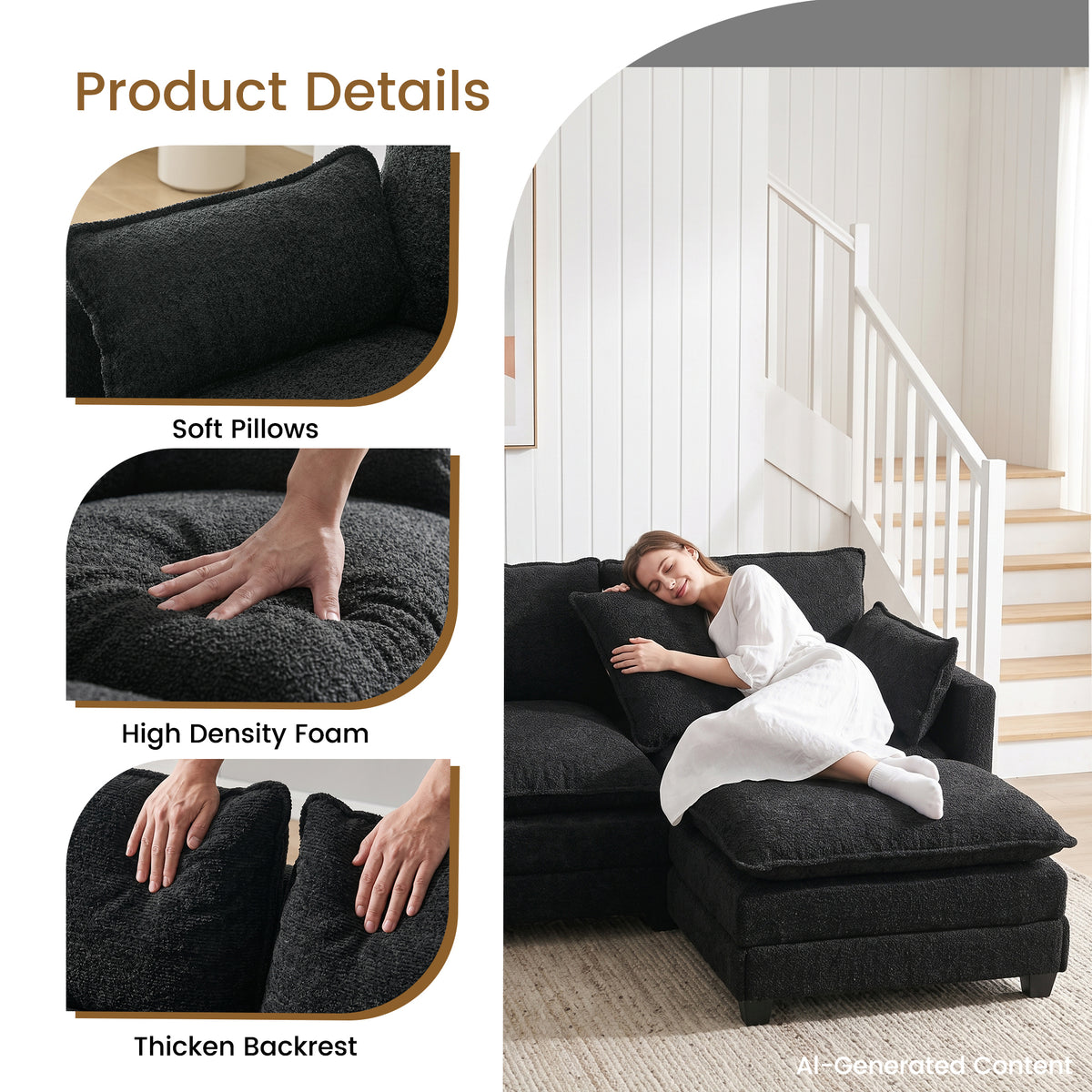 102.3" Cloud Couch Sectional, L Shaped Modular Sectional Sofa, 4-Seat Deep Seat Chenille Couch for Living Room, Bedroom, Apartment, Black