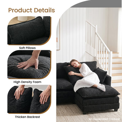 102.3" Cloud Couch Sectional, L Shaped Modular Sectional Sofa, 4-Seat Deep Seat Chenille Couch for Living Room, Bedroom, Apartment, Black