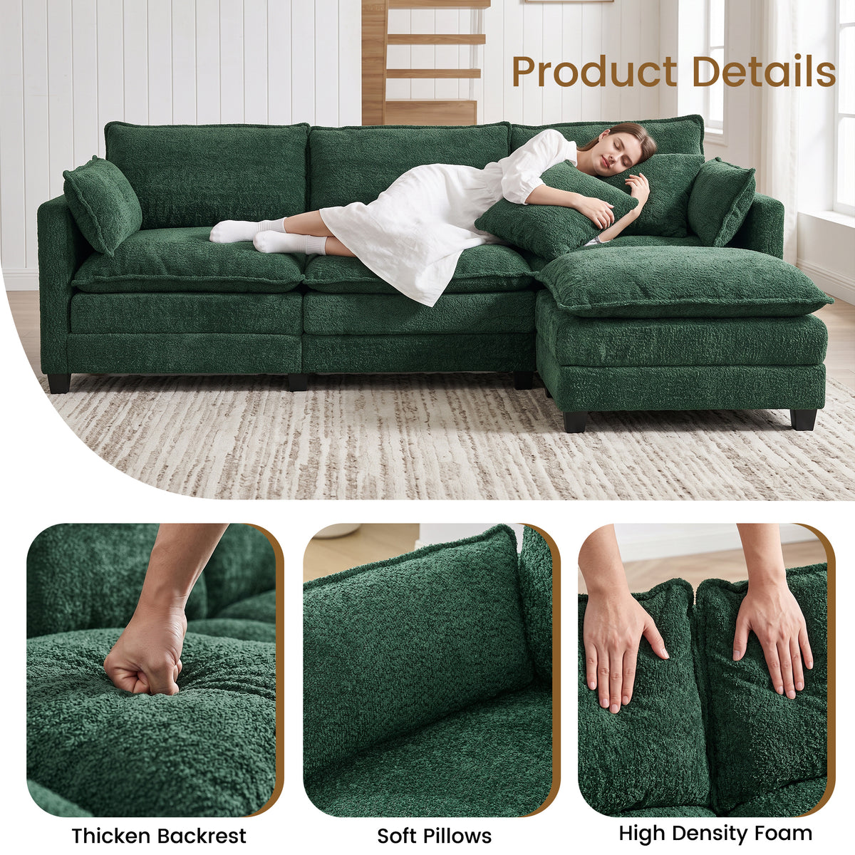 102.3" Cloud Couch Sectional, L Shaped Modular Sectional Sofa, 4-Seat Deep Seat Chenille Couch for Living Room, Bedroom, Apartment, Green