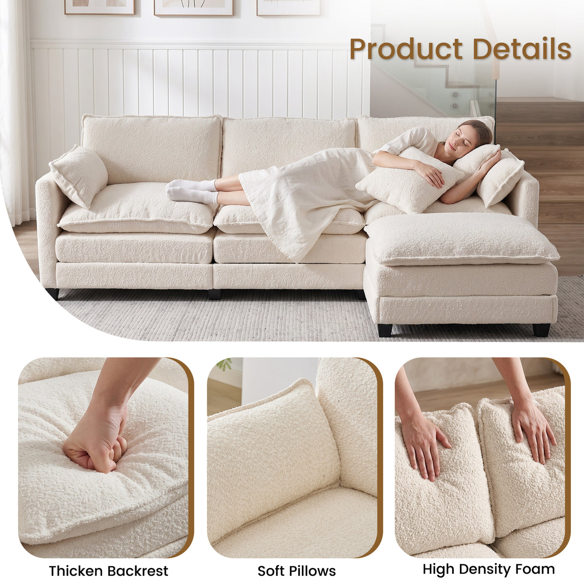 102.3" Cloud Couch Sectional, L Shaped Modular Sectional Sofa, 4-Seat Deep Seat Chenille Couch for Living Room, Bedroom, Apartment, off white