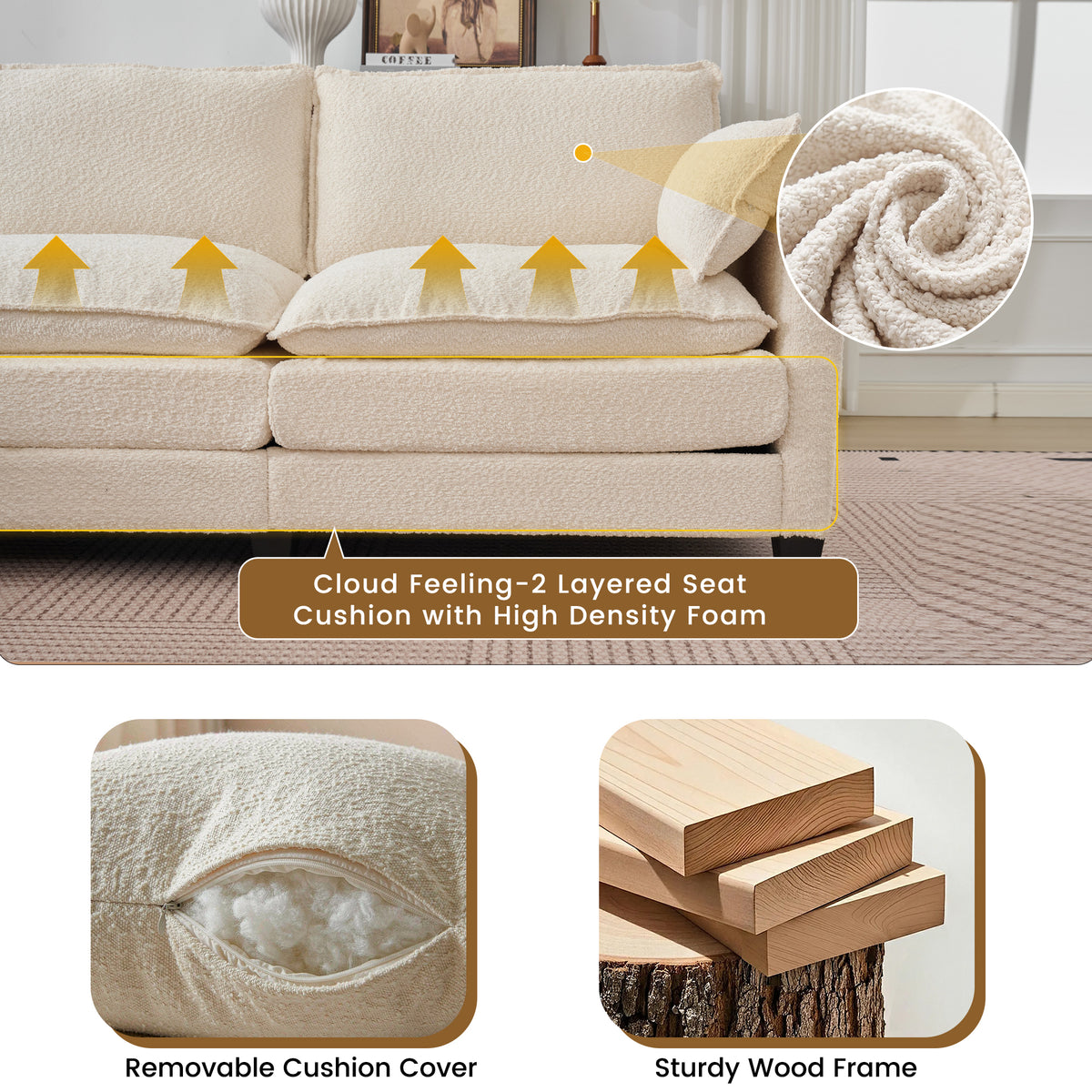 102.3" Cloud Couch Sectional, L Shaped Modular Sectional Sofa, 4-Seat Deep Seat Chenille Couch for Living Room, Bedroom, Apartment, off white