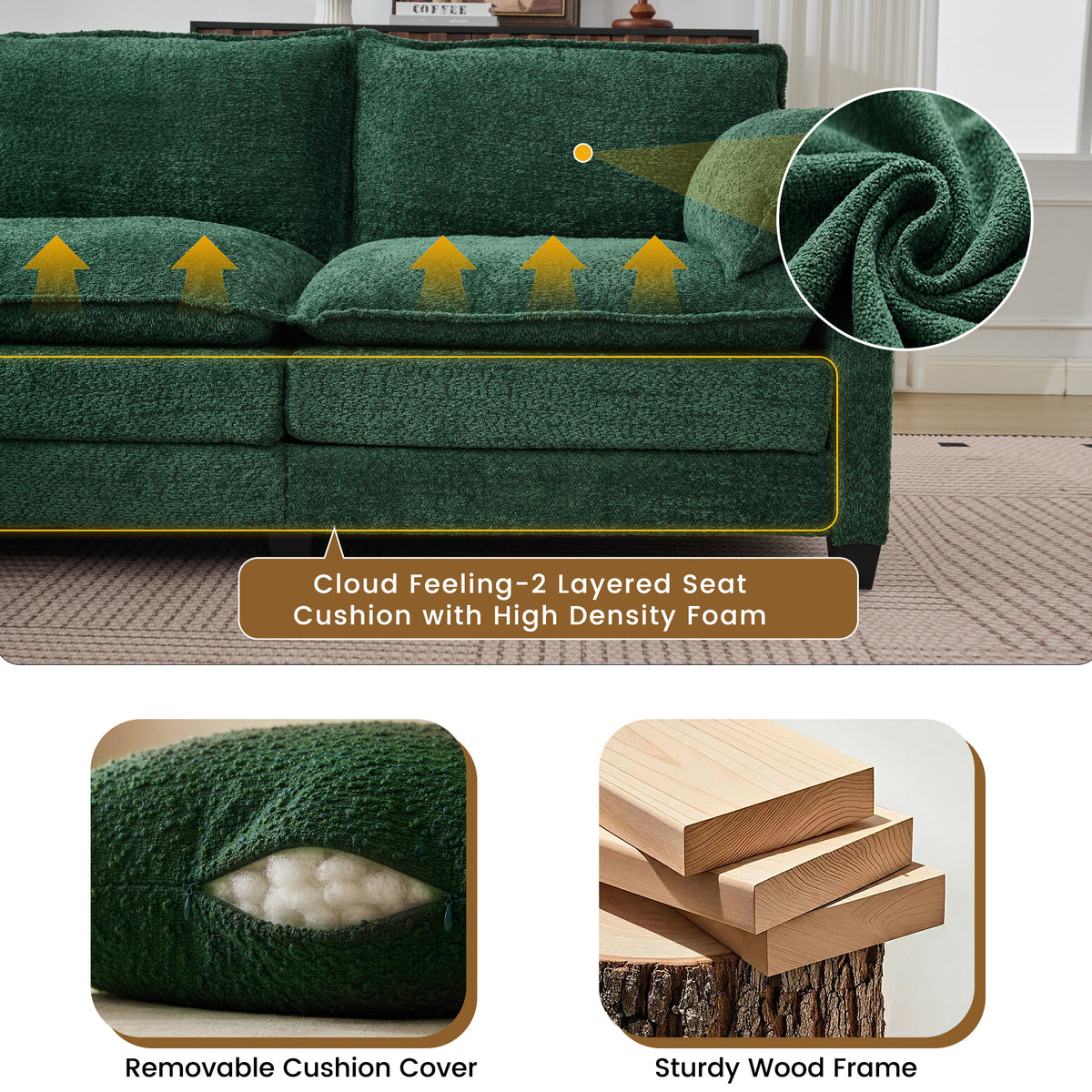 102.3" Cloud Couch Sectional, L Shaped Modular Sectional Sofa, 4-Seat Deep Seat Chenille Couch for Living Room, Bedroom, Apartment, Green