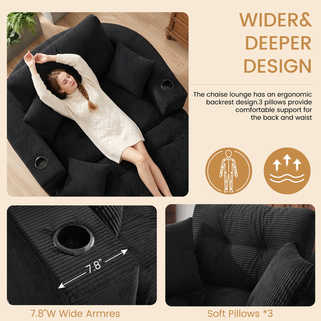 Oversized Black Round Chaise Lounge Sofa, Upholstered Lounge Chair with 3 Pillows, Boneless Sofa Couch with Ottoman, Deep Seat Chair for Living Room, Bedroom, No Assembly