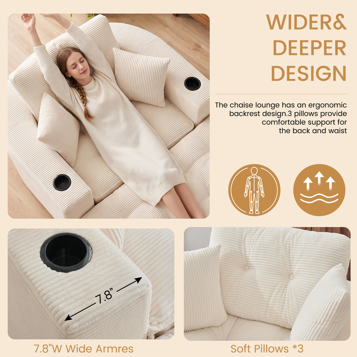 Oversized Off White Round Chaise Lounge Sofa, Upholstered Lounge Chair with 3 Pillows