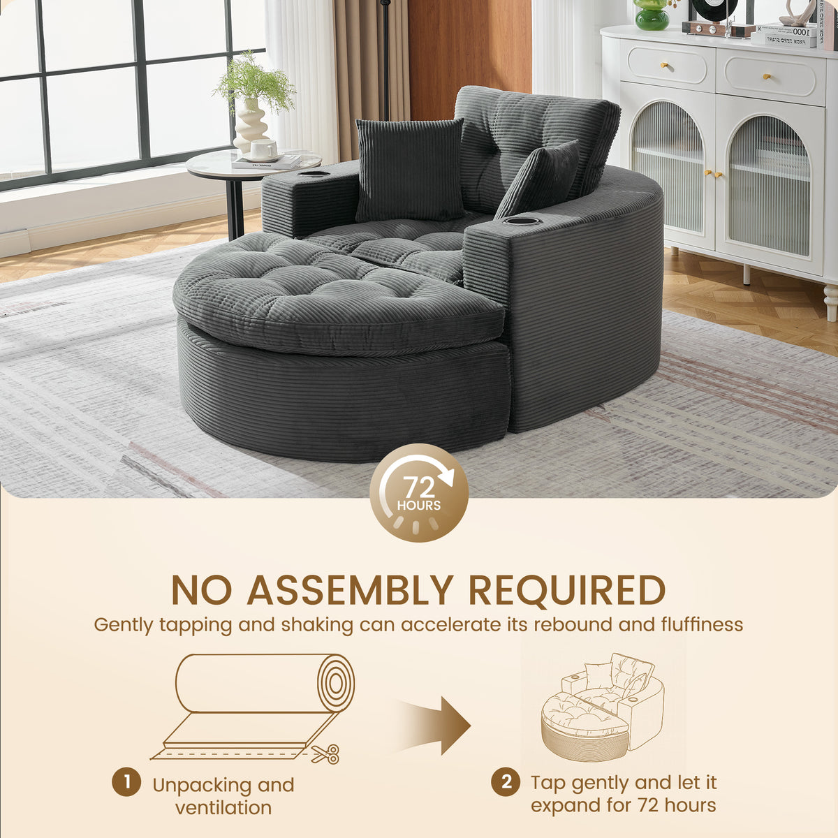 Oversized Dark Gray Round Chaise Lounge Sofa, Upholstered Lounge Chair with 3 Pillows
